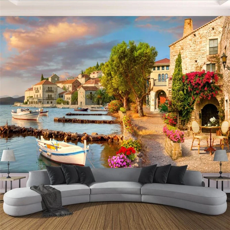 

Drop Shipping Custom Wallpaper 3d Port Town Landscape 3d Background Wall Living Room Restaurant Wallpaper Fashion Home Decor