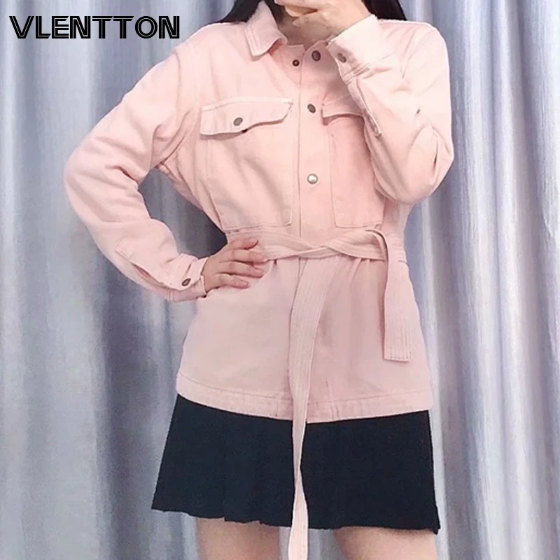 

2020 Spring Autumn Women Fashion Vintage Denim Jackets Chic Sashes Solid Jeans Coat Female Outerwear Casual Loose Cowboy Tops