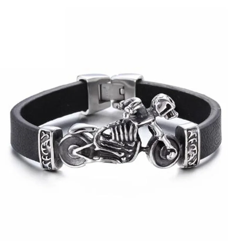 Fashion Hip Hop Rock Skull Leather Bracelet Personality Motorcycle Bike Silver Color Bracelet for Men Jewelry bracelet jewelry