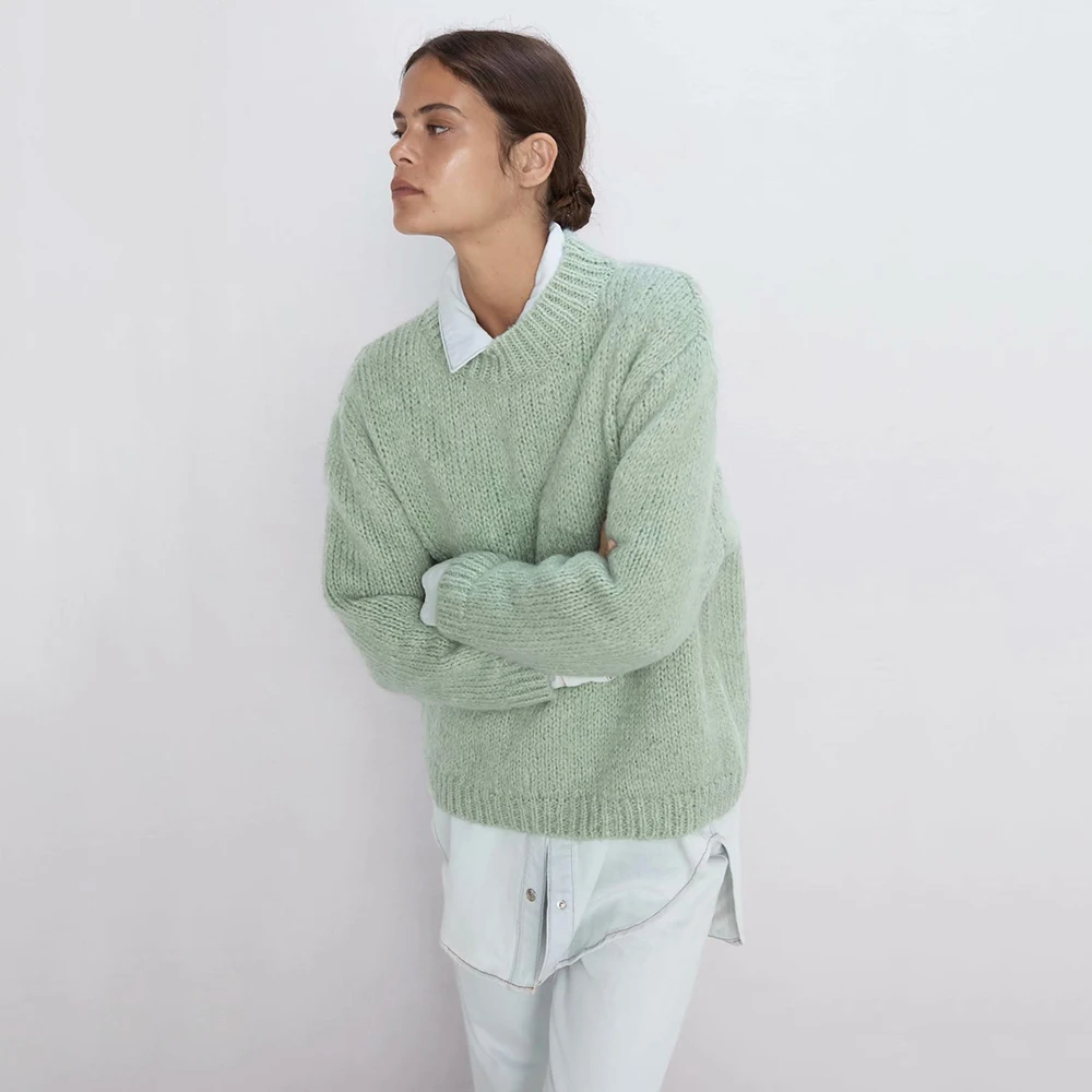 New ZA Solid Popular Color Sweater Women Trendy Round Collar Long Sleeve Loose Charm Temperament Autumn Winter Wholesale | Женская