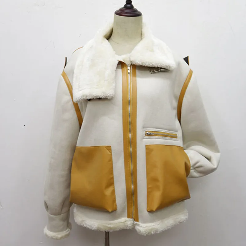 Motorcycle Jacket DEAT, новинка, отложной воротник, длинный рукав, мех, пэтчворк, из искусственной кожи, сплайсированное толстое пальто, Тренч с высокой талией, WJ10312L - Цвет: Motorcycle Jacket