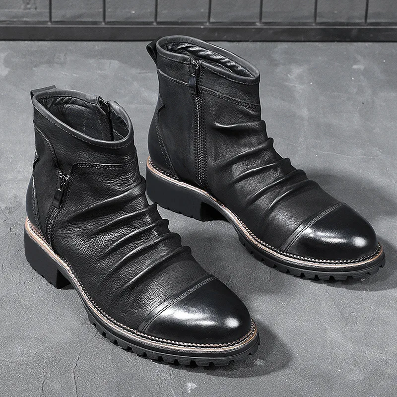 Chelsea Boots Men Leather Boots Business Mens Boots Yomior New Fashion Vintage British Men Leather Shoes Casual Round Toe Zip Ankle Boots Spring Autumn Business Dress Chelsea Boots
