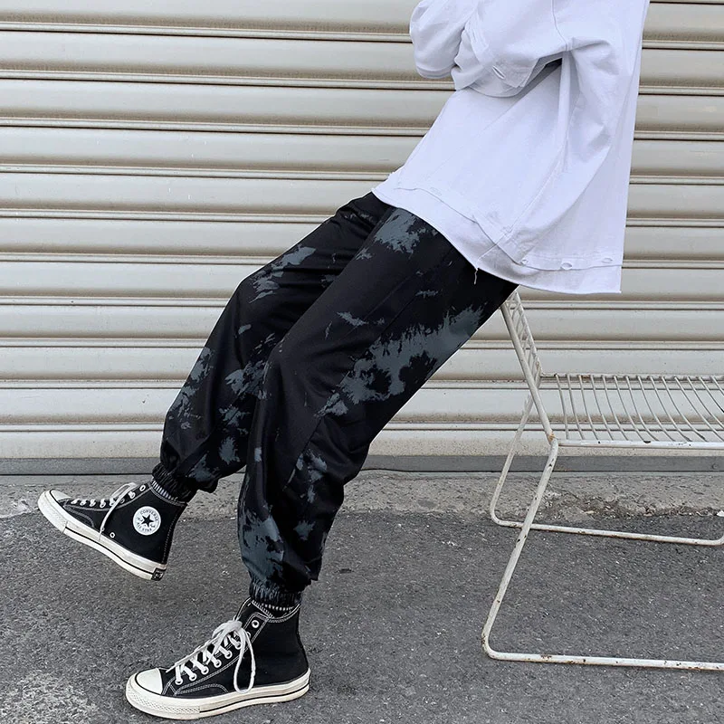 Men Casual Pants Ankle Length Joggers Tie-dye Printed Wide Leg Summer Thin All-match Male Streetwear Harajuku Korean Stylish Ins