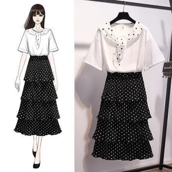 

Dot Print Layered Mid-calf Skirt Suits School T-Shirts Short Sleeve Loose Casual Women Two Piece Outfits Sweet Suits Dress