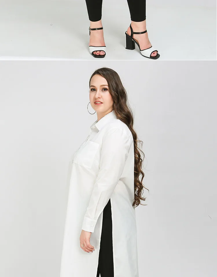 TUHAO, офисные женские длинные рубашки, однотонные белые длинные женские блузки с разрезом размера плюс, 7XL, 6XL, женские офисные блузки на пуговицах, LW129