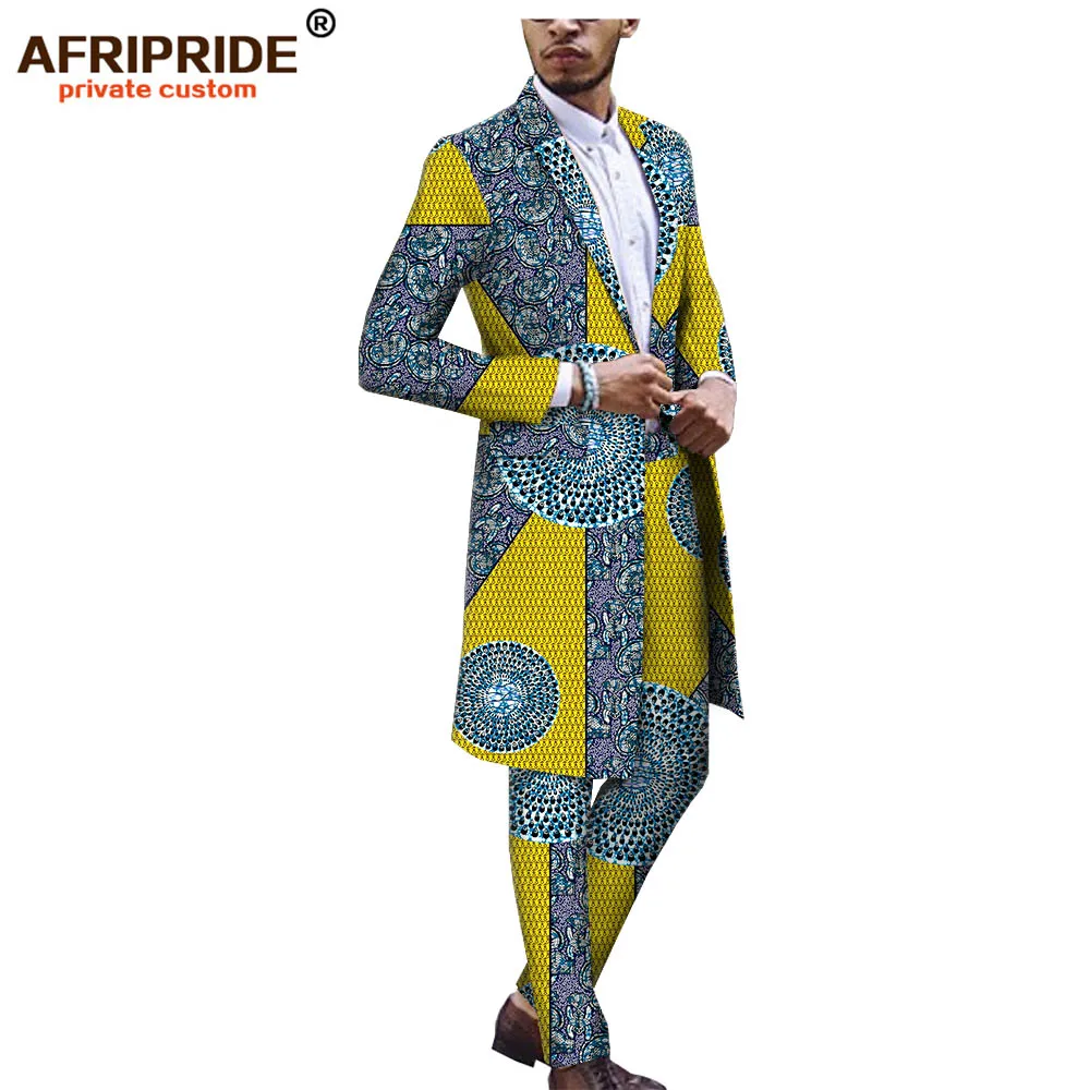 Африканский Анкара Дашики костюм для мужчин AFRIPRIDE Портной сделал Базен richi одна пуговица длинная куртка+ длинные брюки A1816012 - Цвет: 540J