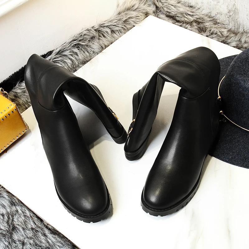 Large size 34-43 women knee high boots buckle with zip Retro women's motorcycle boots thick fur warm winter snow boots