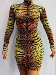Sexy wrap hip Bodycon Tiger Pattern Printed Rhinestones Stretch Dresses Bar Birthday Celebrate Dress Women Club Dance Outfit