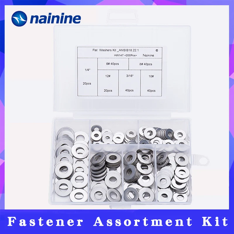 200Pcs/set 6# 8# 10# 3/16" 12# 1/4" Screw Size ASME B18.22.1 304 Stainless Steel Flat Washer Kit American Standard HW147|steel flat washer|flat washer|flat steel washers - AliExpress