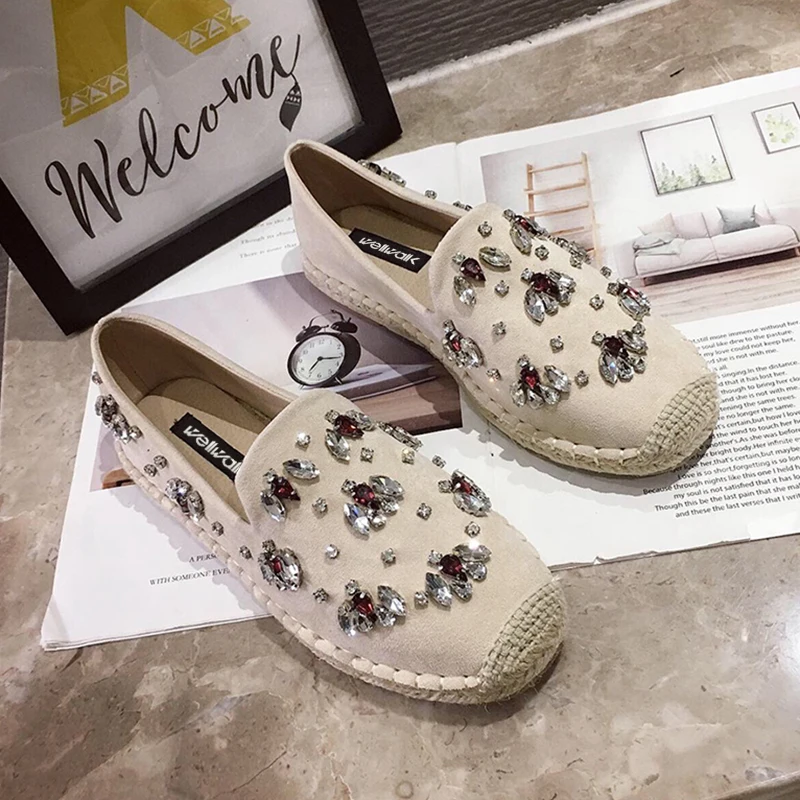 Лоферы без застежки Для женщин Espadrilles; замшевая обувь из пенькового волокна текстильной Стразы Аппликации женские весенние Мокасины женские рыбацкие ботинки женщина