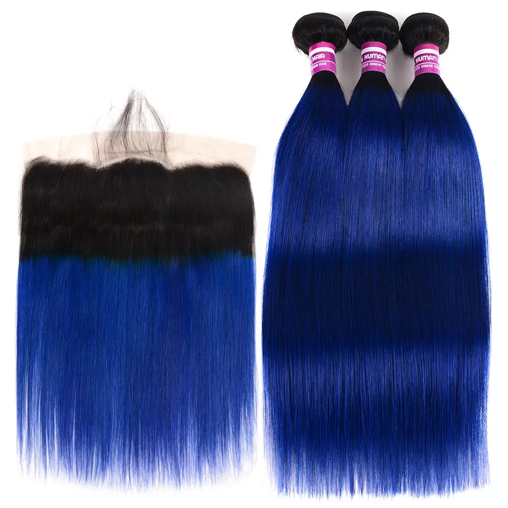 

Colored Ombre 1b Blue Brazilian Hair Weave Bundles And Frontal Remy Human Hair Extension Roots 3/4 Bundles With Frontal Closure