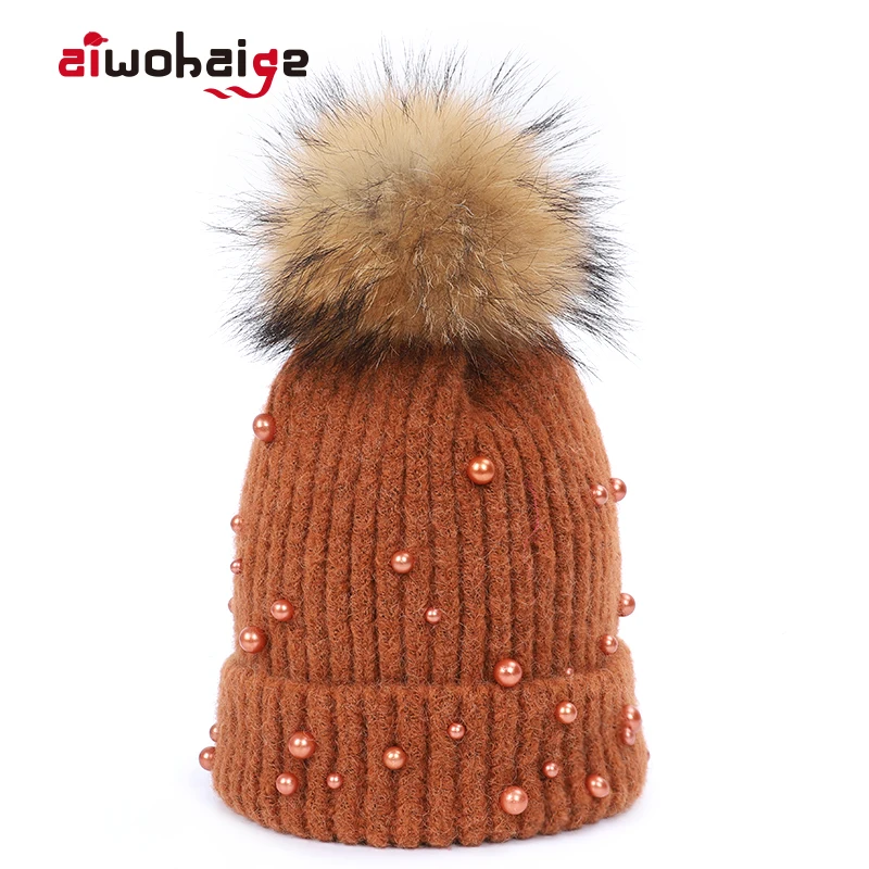 2019 New Winter Ladies Raccoon Fur Pom poms Knit Beanie Women Pearl Decorative Mohair Casual Hat Female Warm Soft Cap Ski Bonnet |