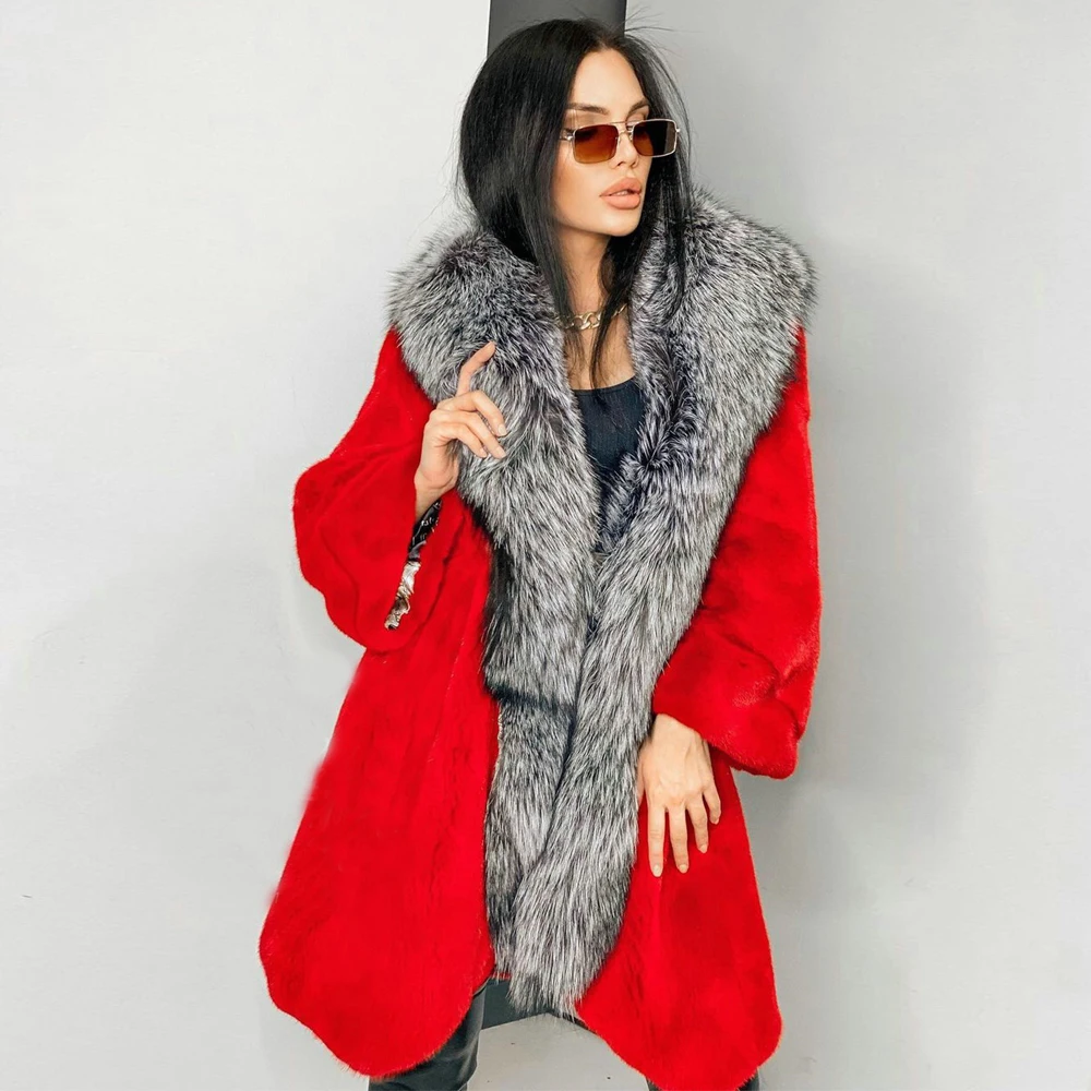 Pink Color Natural Women Mink Fur Coats with Silver Fox Fur Long Collar Winter Fashion 2022 New Full Pelt Mink Fur Coat Genuine