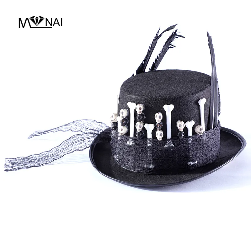 

Men Women Handmade Skeleton Feathers Steampunk Top Hat Magic Hat Punk Cosplay Fedora Skull Lace Hat Gothic