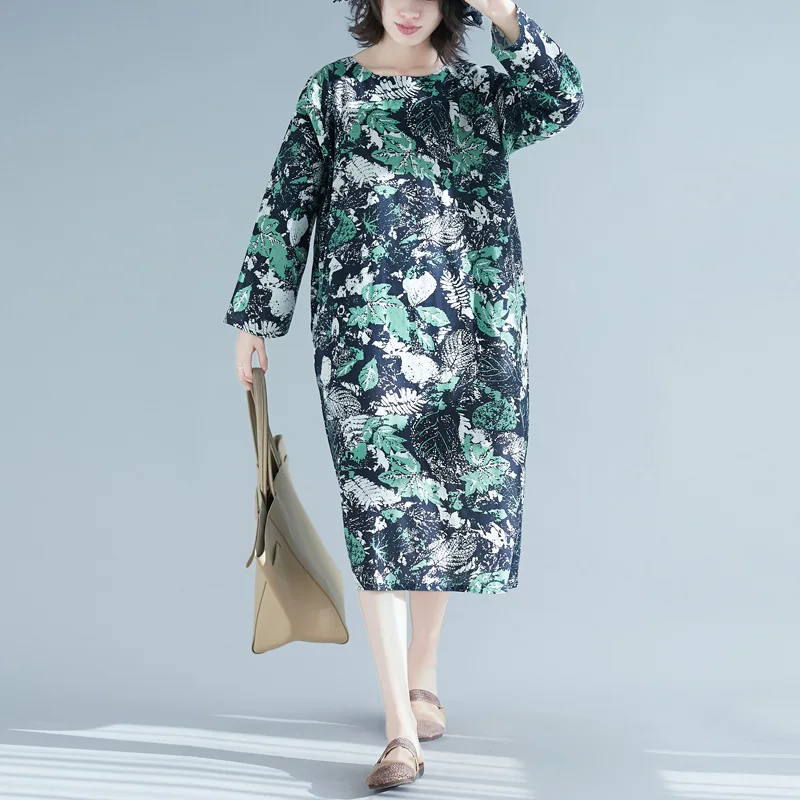 

2019 Spring New Style Retro Literature And Art-Style Loose And Plus-sized WOMEN'S Dress Casual Cotton Linen Printed Big Hemline