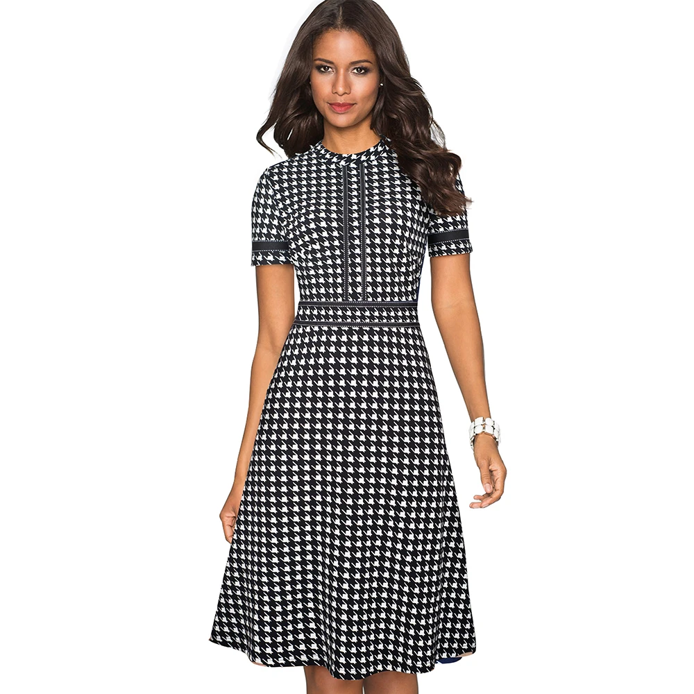 Nice-forever Vintage Elegant Patchwork Round neck Pinup Female vestidos Business Party Flare A-Line Retro Women Dress A135