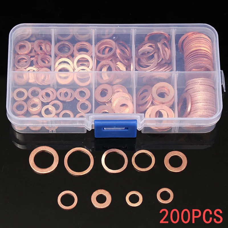 200Pcs Copper Washer Gasket Nut and Bolt Set Flat Ring Seal Assortment Kit with Box M5-M14 | Строительство и ремонт