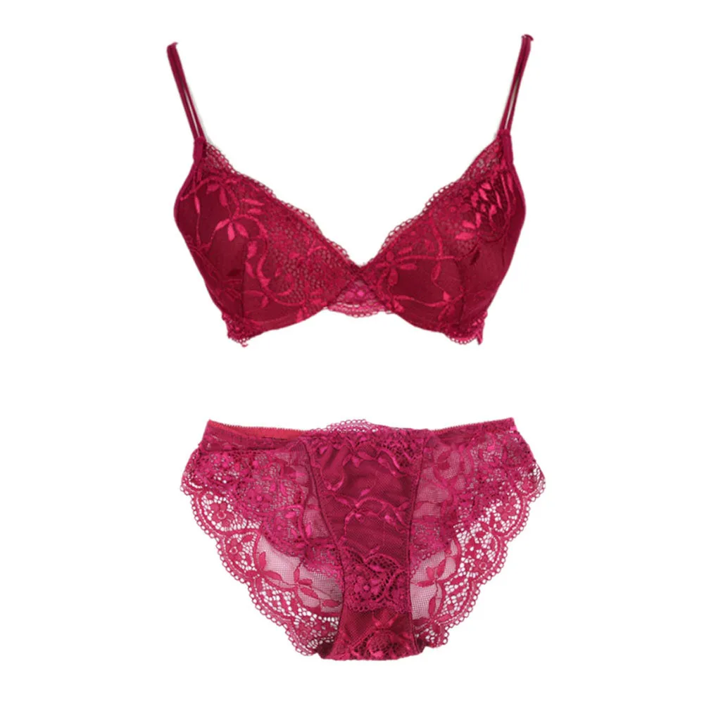 wine red Сексуальное женское вышитое нижнее белье с кружевами с цветочным узором нижнее белье пуш-ап бюстгальтер комплект трусики - Цвет: wine red