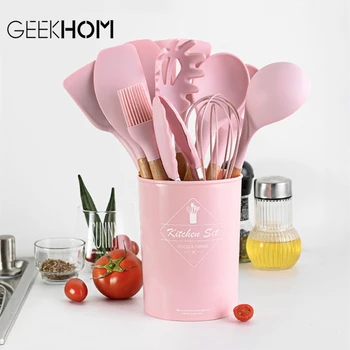 

Chef Kitchen Silicone Cooking Utensils Set Non-stick Spatula Shovel Wooden Handle Cooking Tools Set Storage Box Kitchen Tools