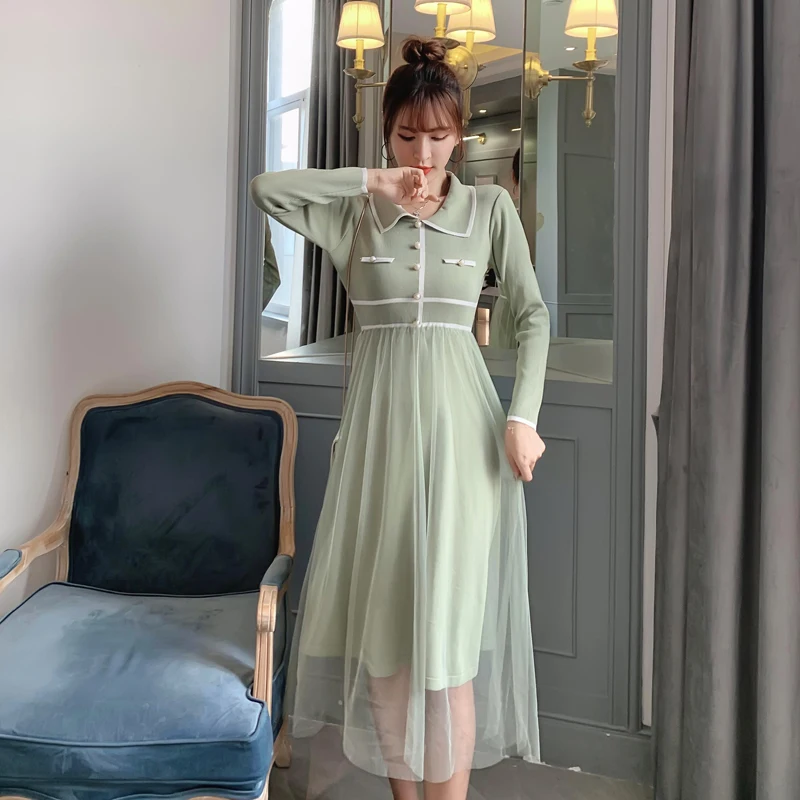 

2019 New Women dress Patchwork Knitting Mesh Sweater Web Celebrity Long Render In Wind Dresses Green Black Apricot 9801