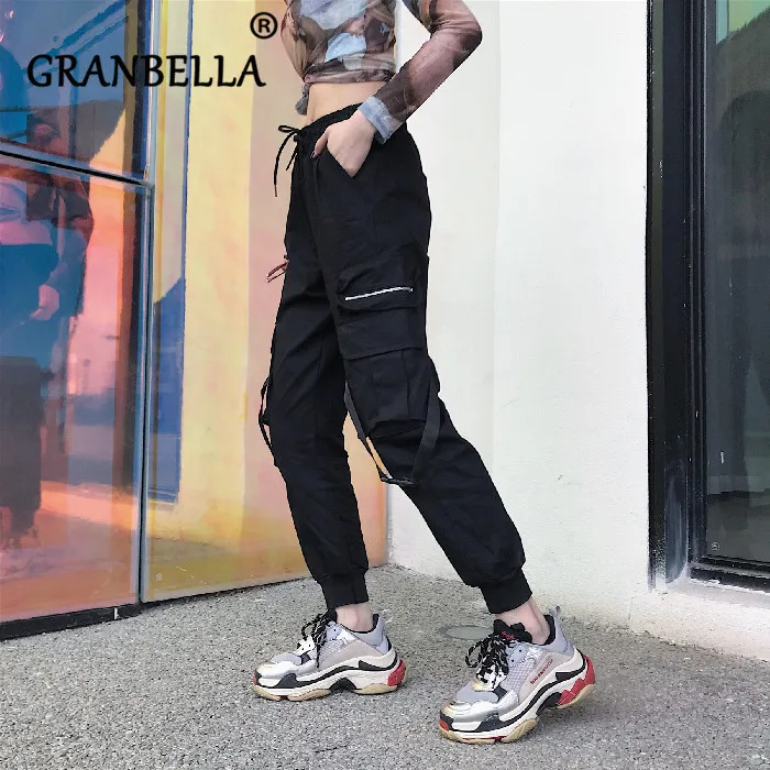 

2019 Fashion Black Army Cargo Big Pockets Elastic Waist Straight Cargo Pants Female Casual Sweatpants Sashes Design