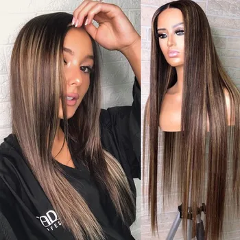 

SimBeauty 13X4 Lace Front Human Hair Wigs Straight Highlight Blonde Brown Brazilian Remy 4x4 Silk Base Full Lace wig u part wig