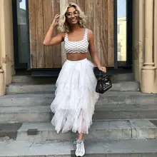 Женская черная юбка, осень, сексуальные двухслойные тюлевые плиссированные Ретро вечерние макси юбки с высокой талией, белые длинные платья размера плюс