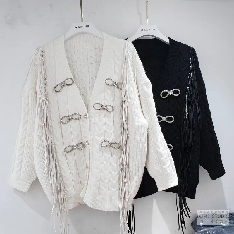 

2020 Autumn New Fashion Woolen Knit Cardigan Coat Stitching Crystal Tassel Cardigan Jacket Female Knitted Cardigans Coats Loose