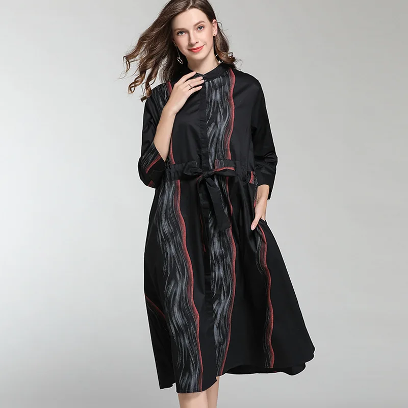 

LANMREM 2020 New Fashion Personality Print Striped Stand Collar Shirt Type Dress Female's Loose Large Size Clothse Vestido YF904