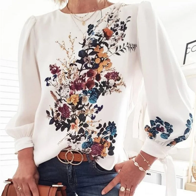 Винтажная женская блузка, рубашка с цветочным принтом и длинным рукавом, модные женские блузки, Женские топы и блузки, элегантный женский топ на осень