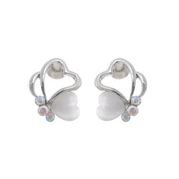 

Romantic Style Silver Plated Love Heart White Cat Eye Stone Stud Earrings for Valentine's Day Jewelry