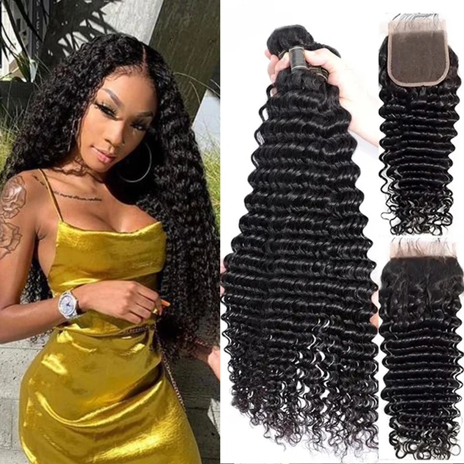 Wholesale Price Deep Wave Bundles With Frontal Peruvian Hair Closure 3/4 Human Extension Remy | Шиньоны и парики