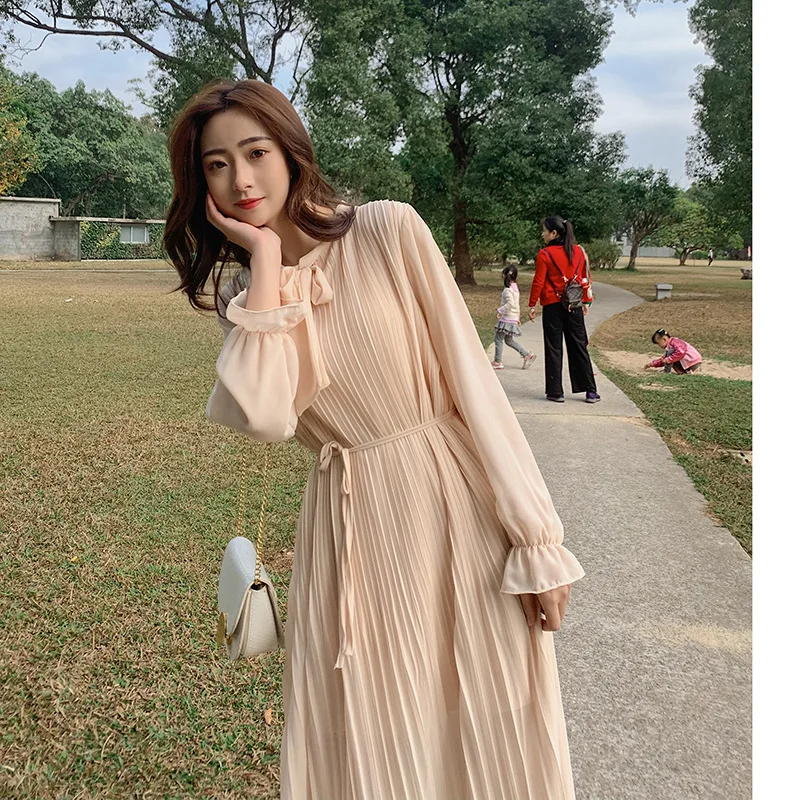 

2020 Spring Korean-style Very Fairy Pleated Skirt Bow Lace-up Dress Spring a Distribution WOMEN'S Dress Spring Clothing