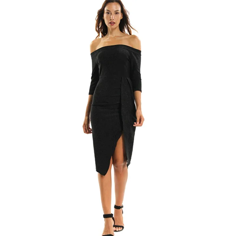 Модное женское платье, элегантное однотонное платье, весна-осень, модное облегающее платье с рукавом три четверти, с открытыми плечами, с вырезом лодочкой