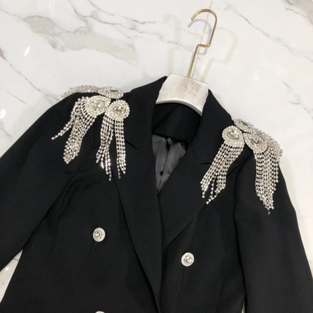 Spring Small Suit Women's Europe And America INS Classic Double Breasted Fashionable Shoulder Set Diamond Tassels Suit Coat Godd