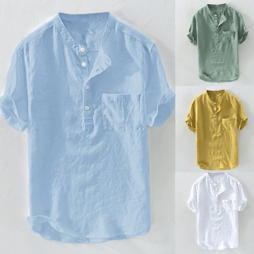 Novedad de verano para hombre, blusa grande a la moda de manga corta con botones de cáñamo de algodón puro, novedad de 2020 en camisas de moda para hombre de talla grande