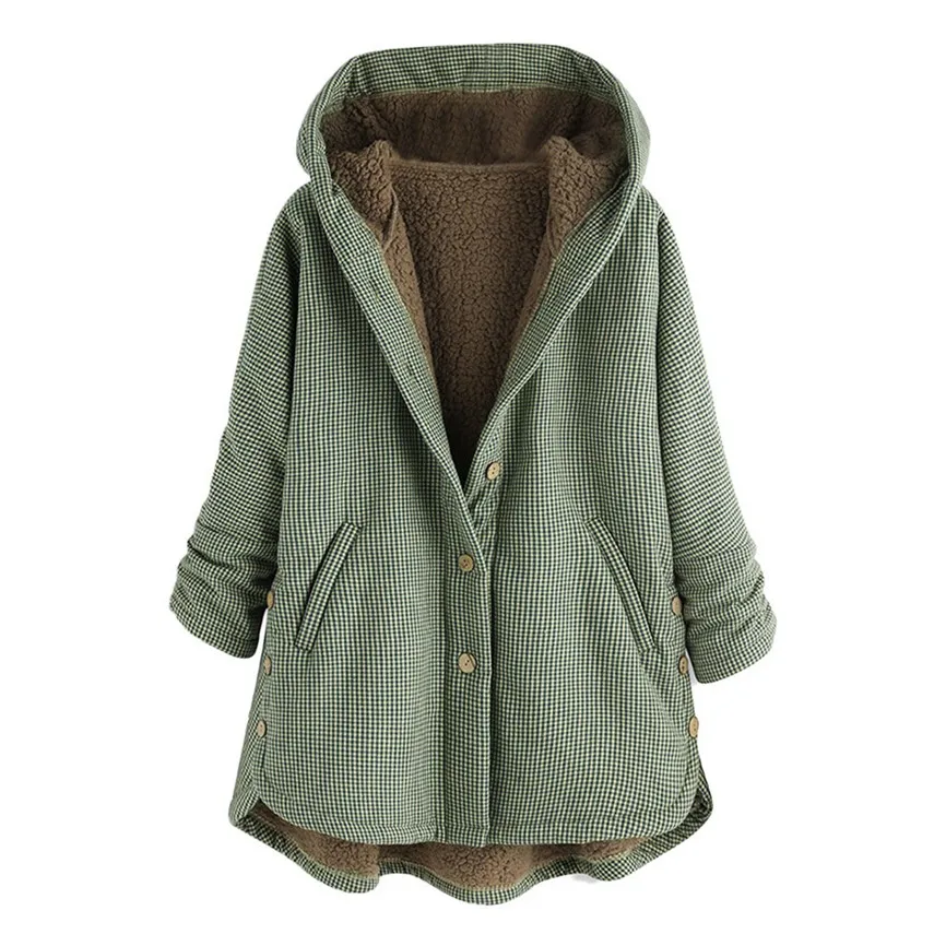 Green Abrigos Mujer Invierno размера плюс зимние теплые женские винтажные клетчатые Асимметричные кнопки с капюшоном верхняя одежда зимняя куртка - Цвет: Green