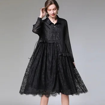 

European Style Large Size Womens Spring 2020 New Solid Color Single Breasted Shirt Stitching Chiffon Lace Pleated Elegant Dress