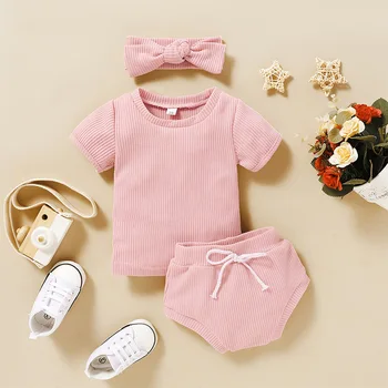 

Solid Color Pit Strip Multicolor Optional Baby Suit European And American Style New Three-piece Summer Suit