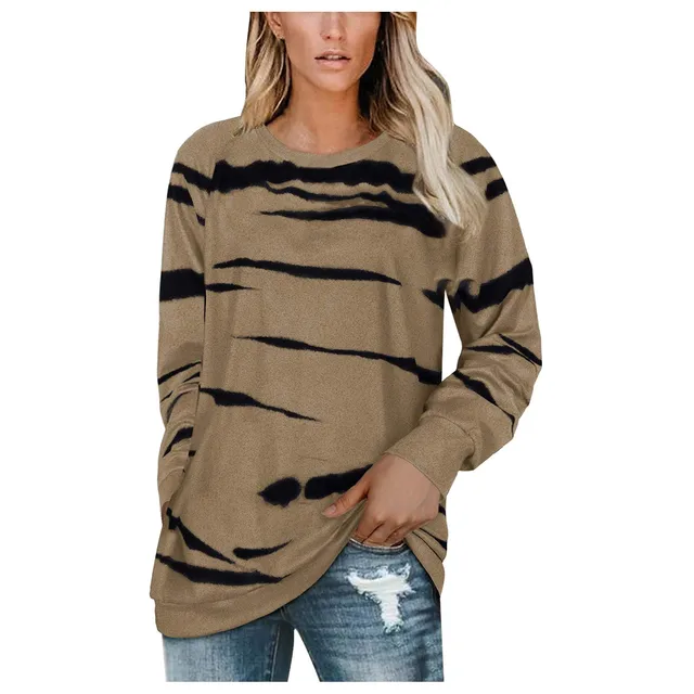 Striped Tie-dye Print Woman Tshirts Ladies Tops Long Sleeve Sweatshirts Crewneck Casual Pullover Dames Kleding T Shirt - T-shirts -