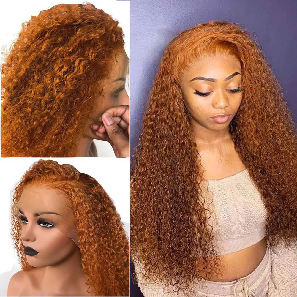 Lace Front Human Hair Wig 13x4 Deep Part Orange Brown Kinky Curly Brazilian Remy Hair Bleached Knots Glueless Wig with Baby Hair