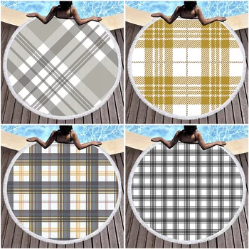 

Striped Lattice Printed Beach Towel Morocco Microfiber Large Round Towels Beach Plaid Gift Summer Yoga Mats Blanket with Tassel