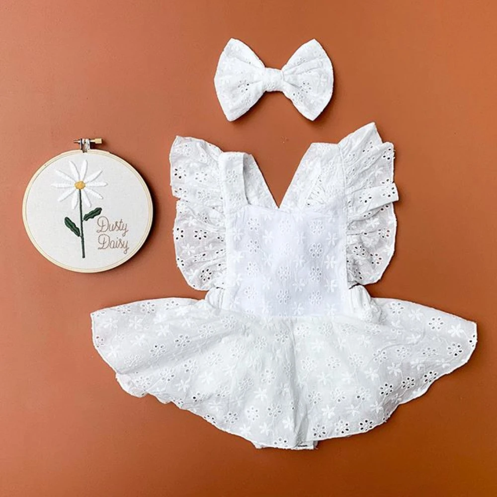 2PCS Baby Summer Clothing Newborn Kids Baby Girl Clothes Lace Ruffled Romper Dress Floral Jumpsuit Solid White Outfits cotton romper summer jumpsuit baby dress baby clothing baby jumpsuit