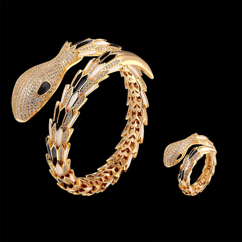 

Fateam luxlry animal snake bangle with ring jewelry set AAA Cubic zircon micro pave setting stoving varnish Women Party Jewelry