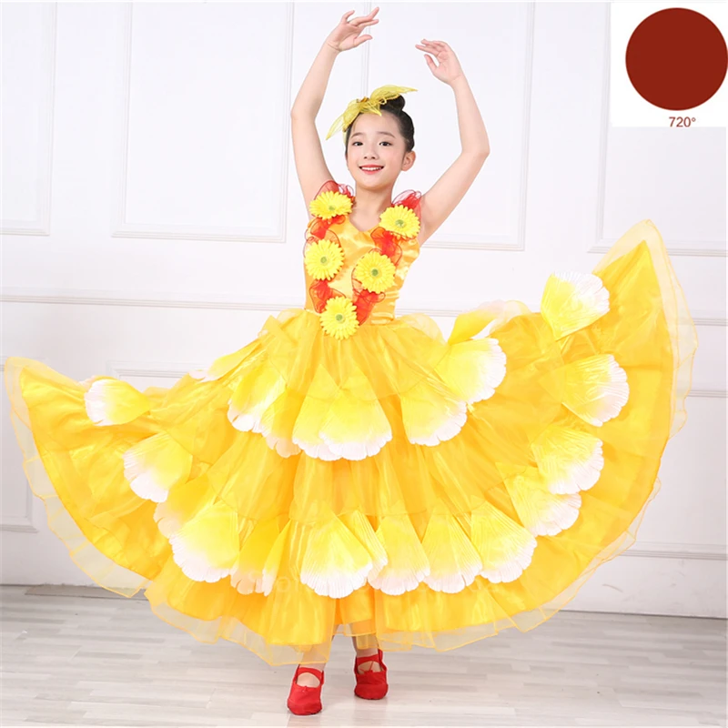 Новогоднее испанское платье для Фламенго для девочек, танцевальная Цыганская юбка для женщин, испанское платье с лепестками фламенко, одежда для сцены - Цвет: Yellow 720degree