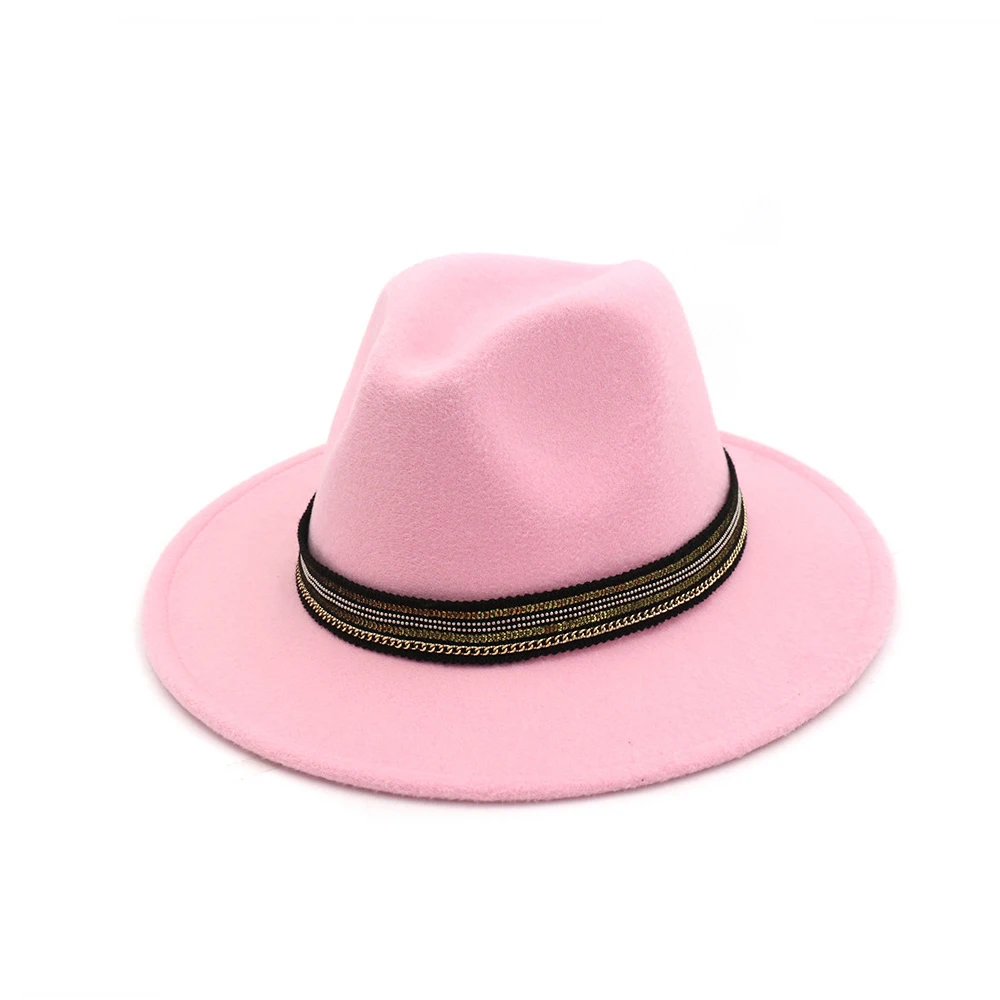 Унисекс для мужчин и женщин шерстяная шляпа Fedora с полосатая лента джаз шляпа Панама шляпа - Цвет: Pink