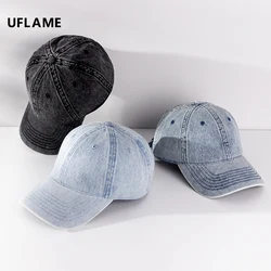 UFLAME Fashion Denim Baseball Cap for Men Cotton Plain Sunscreen Cap Adjustable Youth Snapback Hat Unisex Outdoor Sport Hat Bone