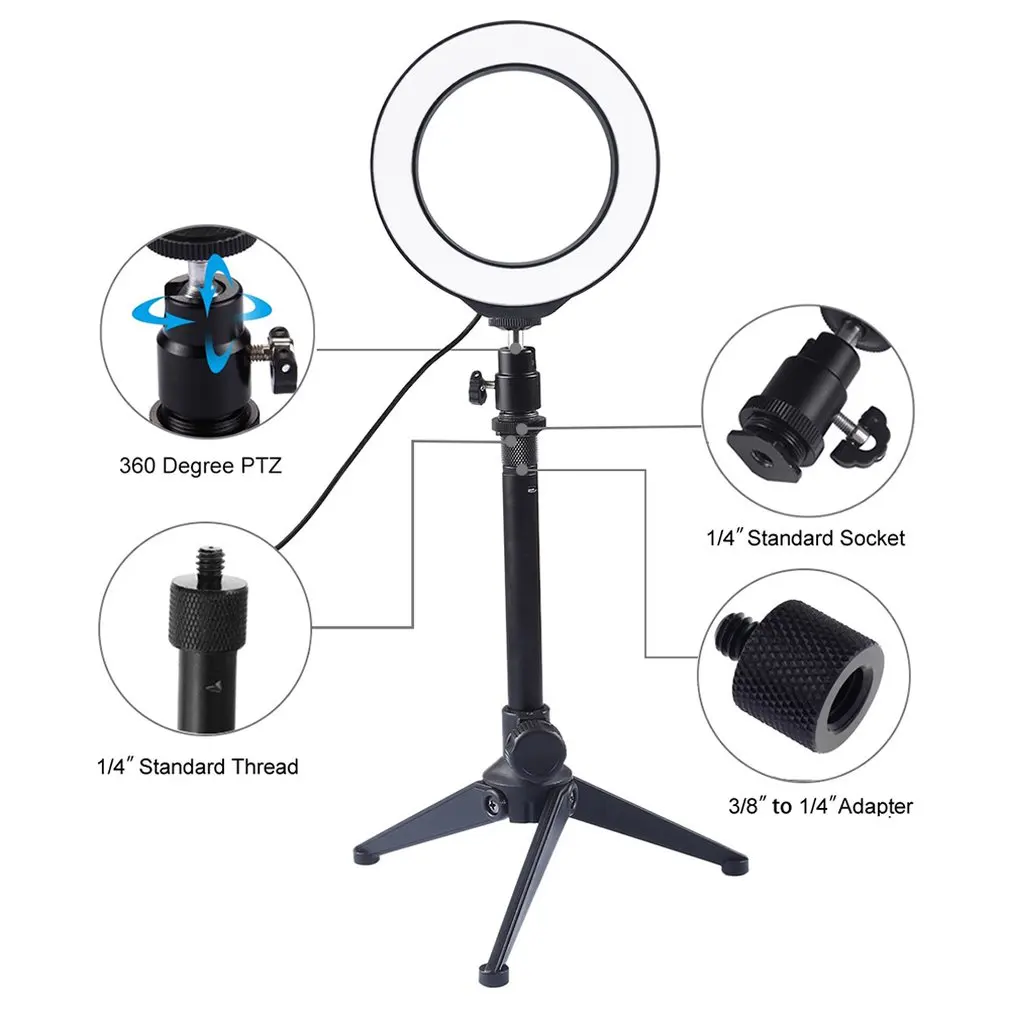 4.6/6.2 Inch USB 3 Modes Dimmable Led Ring Vlogging Photography Lights + Desktop Tripod Holder With Cold Shoe Tripod Ball Head