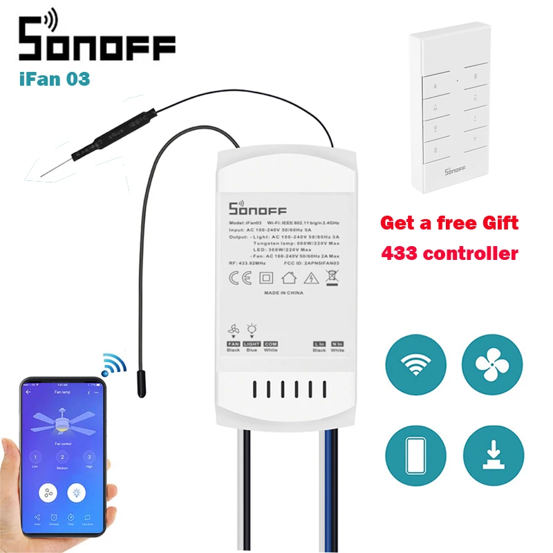 

SONOFF IFan03 Wi-Fi Ceiling Fan And Light Controller Supplied with a 433mhz RF remote controller Remote control by App ewelink