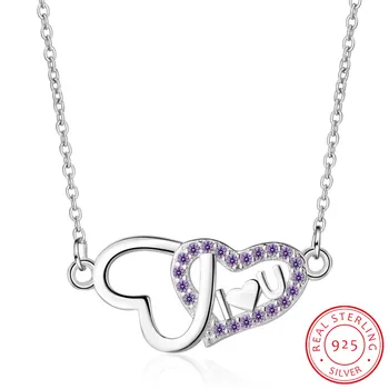 

Micro Zirconia Double Heart I Love You 925 Sterling Silver Necklace For Women Short Clavicle Chain Christmas Gift S-N303